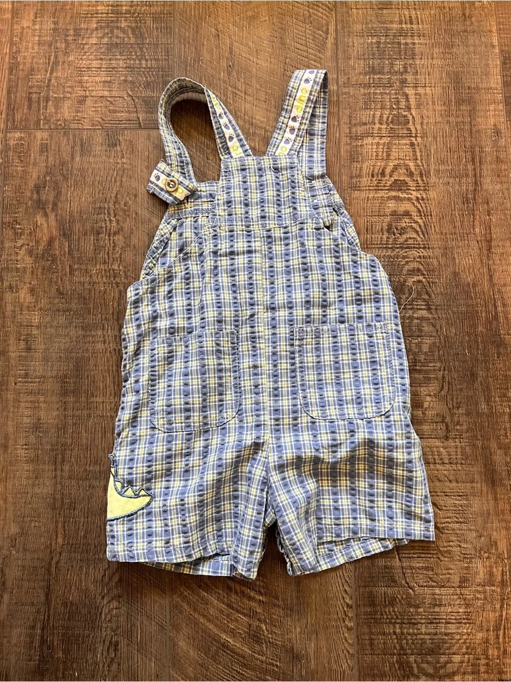 Vintage Toddler Blue Plaid Dino Short Overalls
